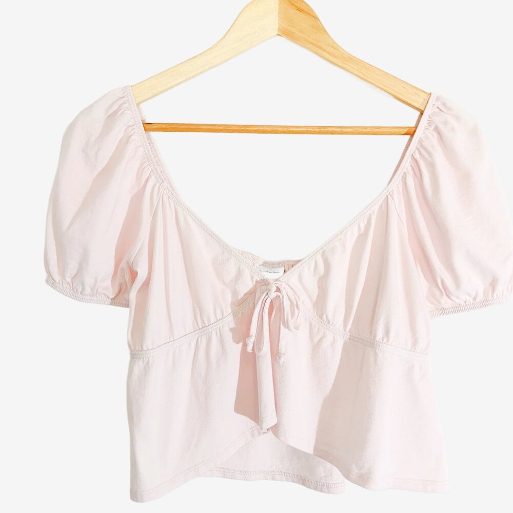 SUNDAY BEST Tie Front Puff Sleeve Peplum Top in Pale Pink Cotton Jersey / Small